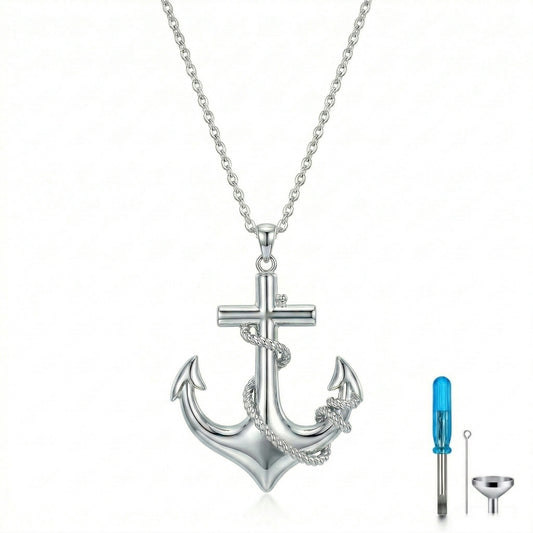 Eternal Anchor Cremation Necklace in 925 sterling silver featuring anchor and cross design on white background