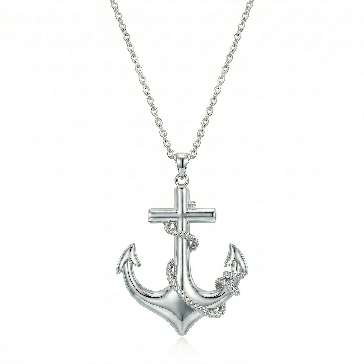 Sterling silver anchor urn pendant with cross and rope detail on a cable chain