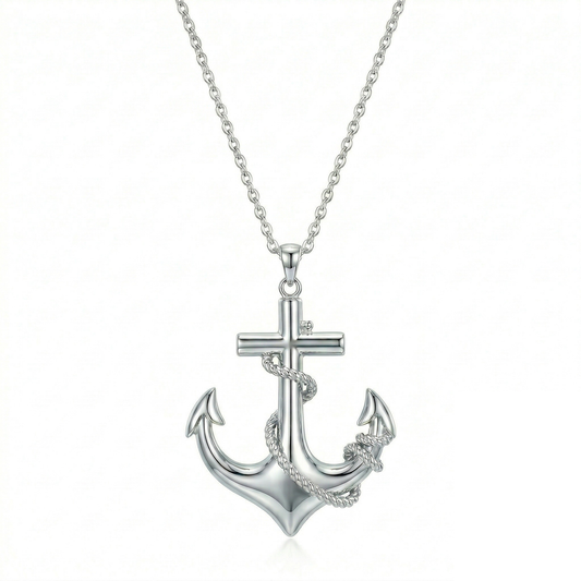 Sterling silver anchor urn pendant with cross and rope detail on a cable chain