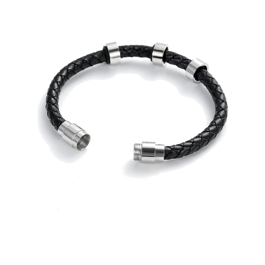 Braided black leather urn bracelet with threaded stainless steel screw closure