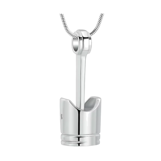 Stainless steel engine piston urn pendant on a snake chain