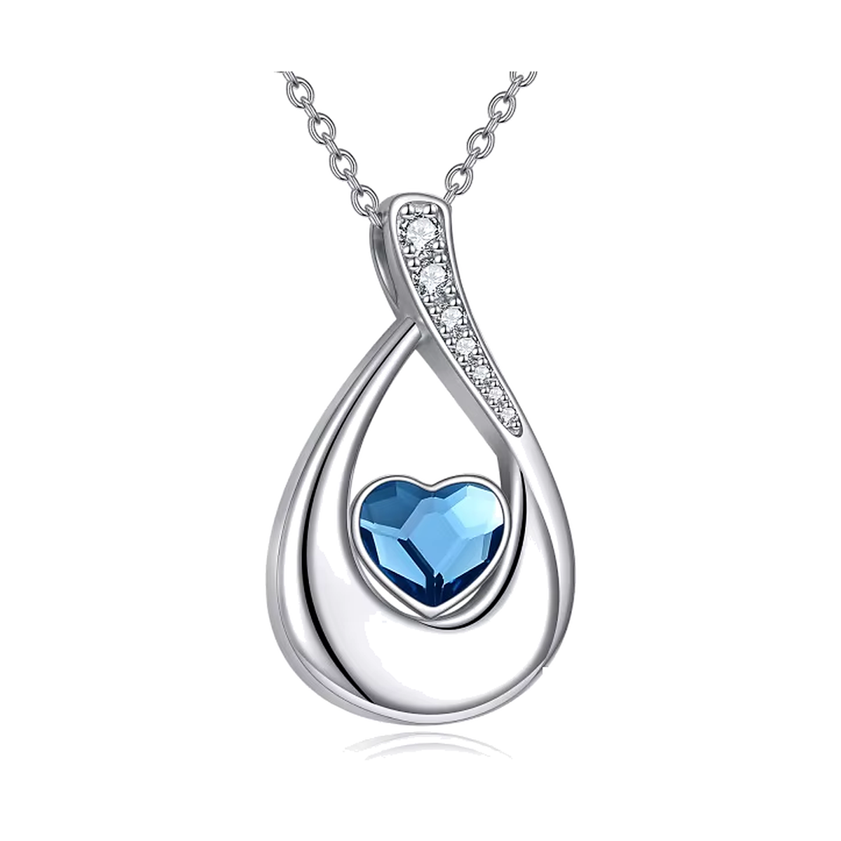 Sterling silver teardrop urn pendant with a faceted blue crystal heart and cubic zirconia accents