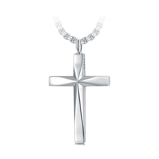 925 sterling silver faceted cross pendant for men with a high-polish finish on a silver box chain.