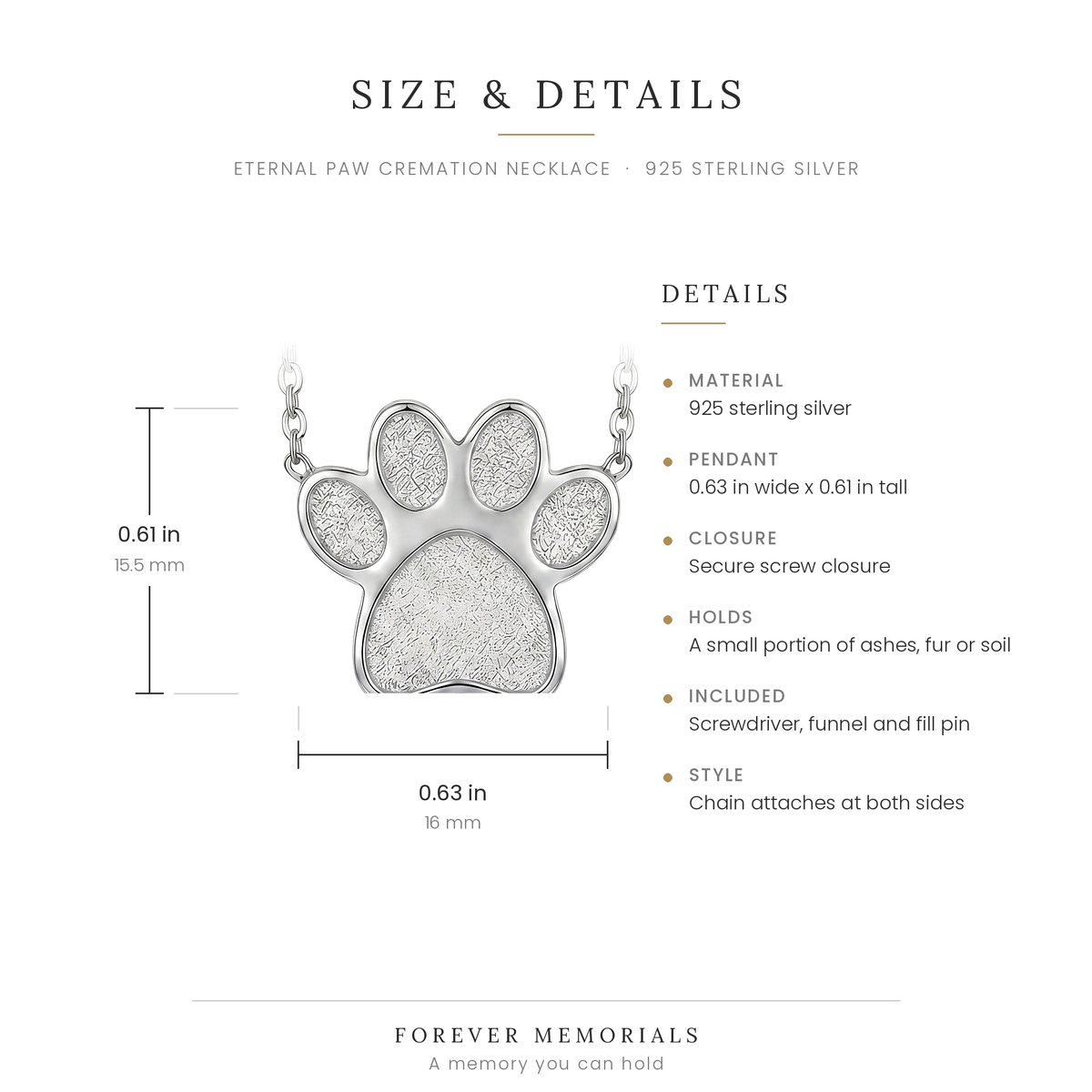 Size chart for the Eternal Paw Cremation Necklace showing 0.63 in width and 0.61 in height