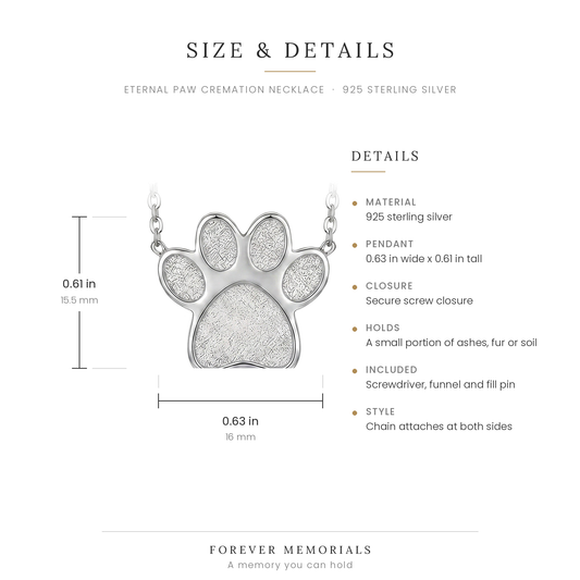 Size chart for the Eternal Paw Cremation Necklace showing 0.63 in width and 0.61 in height