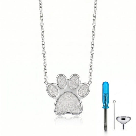 Eternal Paw Cremation Necklace in 925 sterling silver showing paw print urn pendant size 15.5mm x 16mm with filling kit tools