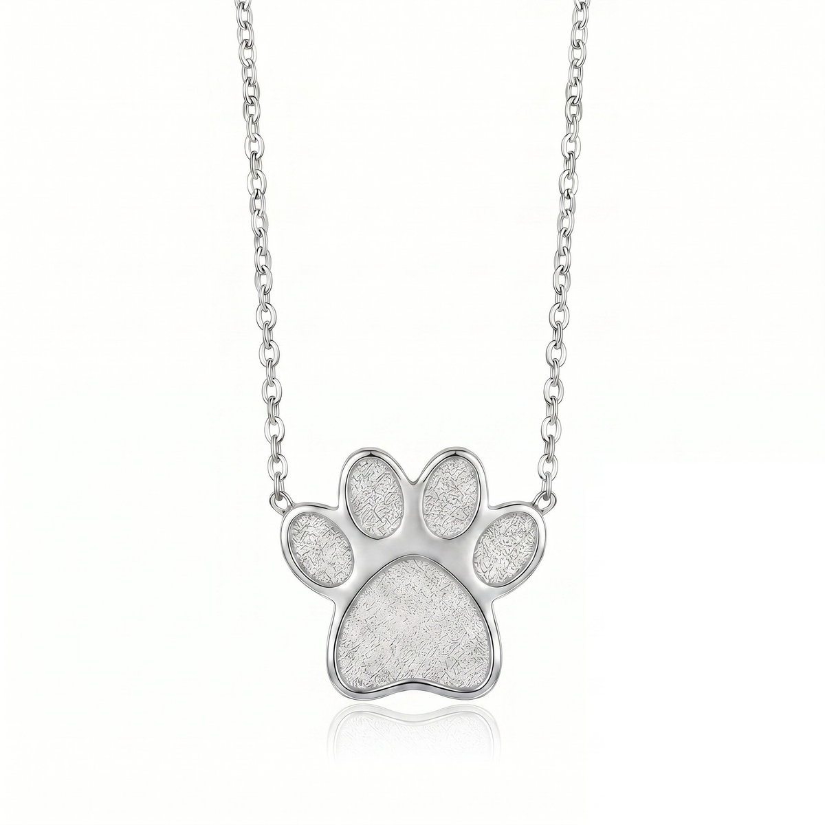 Eternal Paw Cremation Necklace in 925 sterling silver showing paw print urn pendant size 15.5mm x 16mm with filling kit tools