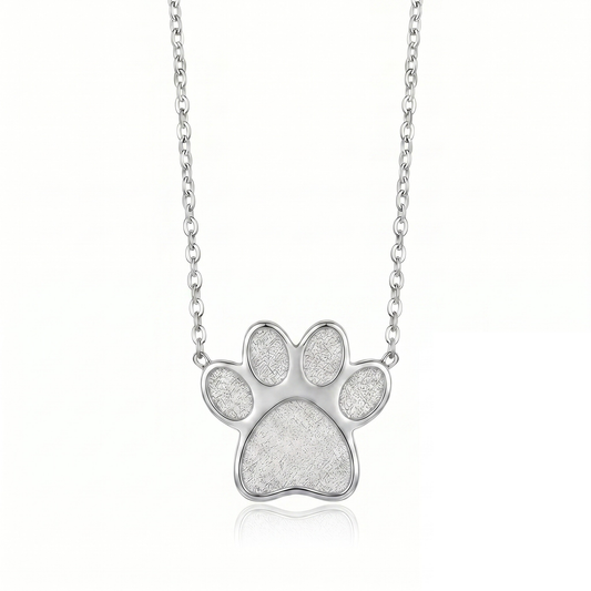 Eternal Paw Cremation Necklace in 925 sterling silver showing paw print urn pendant size 15.5mm x 16mm with filling kit tools