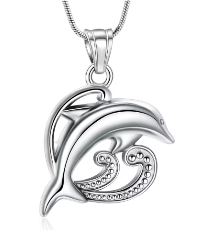 stainless steel dolphin cremation necklace with polished silver finish