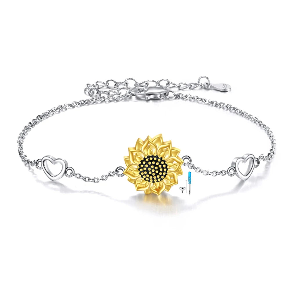 Sterling silver everlasting sunflower ash bracelet with gold tone sunflower memorial design for remembrance jewelry.