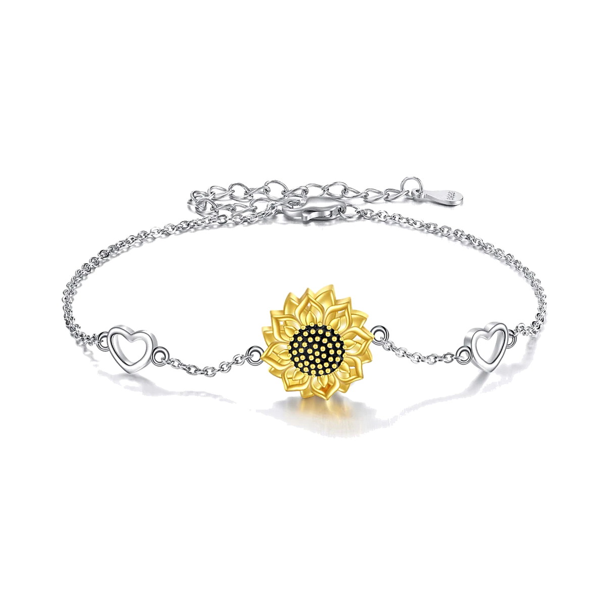 Sterling silver sunflower ash bracelet with gold-tone flower and heart links