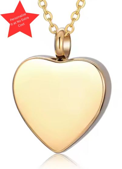 Polished gold heart cremation jewelry pendant with matching chain, designed as a personalized urn necklace to hold ashes securely.