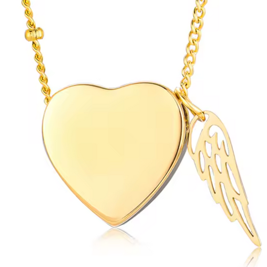 Gold heart cremation necklace with guardian wing charm. Personalizable memorial jewelry designed to hold ashes securely.