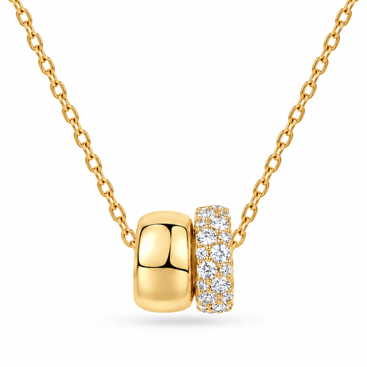 Eternity Ring Slider Cremation Necklace in 925 sterling silver double ring urn pendant with pavé crystals measuring 16mm x 12.7mm