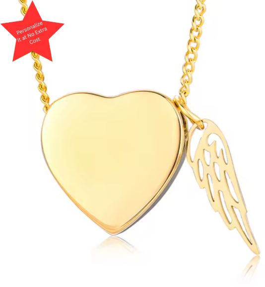 Gold heart cremation necklace with guardian wing charm. Personalizable memorial jewelry designed to hold ashes securely.