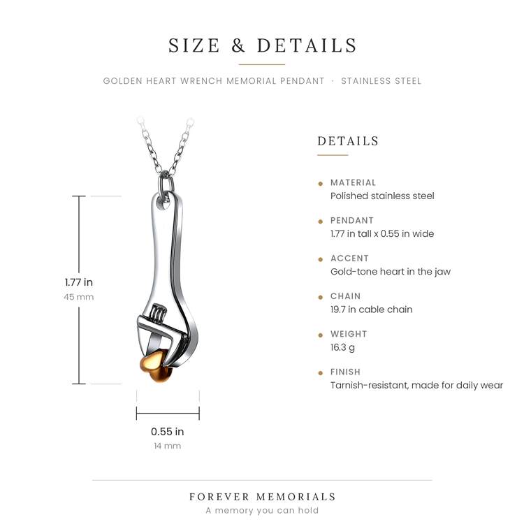 Size chart for the Golden Heart Wrench Memorial Pendant showing 45 mm height and 14 mm width