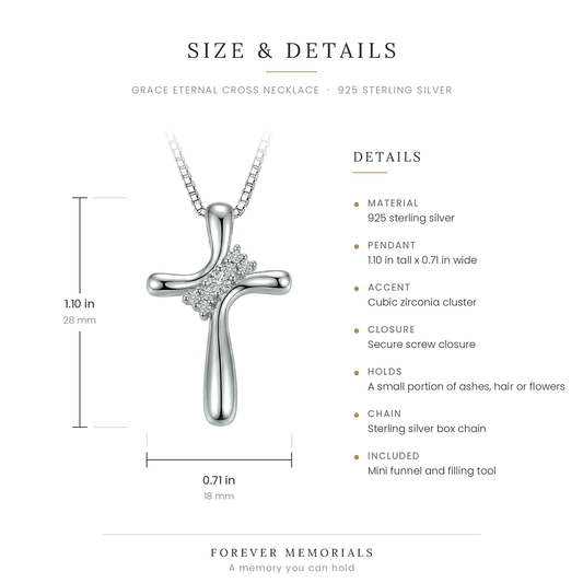 Size chart for the Grace Eternal Cross Necklace showing 1.10 in height and 0.71 in width