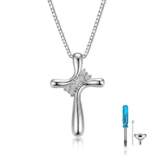Grace Eternal Crystal Cross Cremation Necklace in 925 sterling silver with cubic zirconia crystals at center, shown on sterling silver box chain with filling screwdriver and funnel kit on white background.
