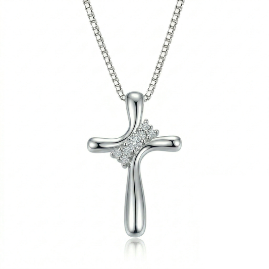 Sterling silver ribbon cross urn pendant with cubic zirconia crystals on a box chain