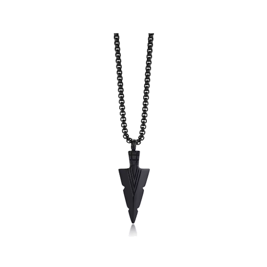 Black stainless steel arrowhead urn pendant with engraved chevrons on a box chain