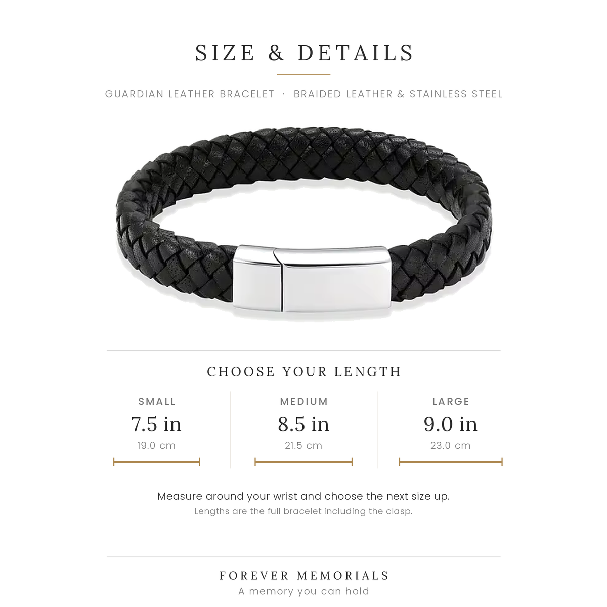 Size guide for the Guardian leather bracelet with silver clasp in 7.5, 8.5 and 9 inch lengths