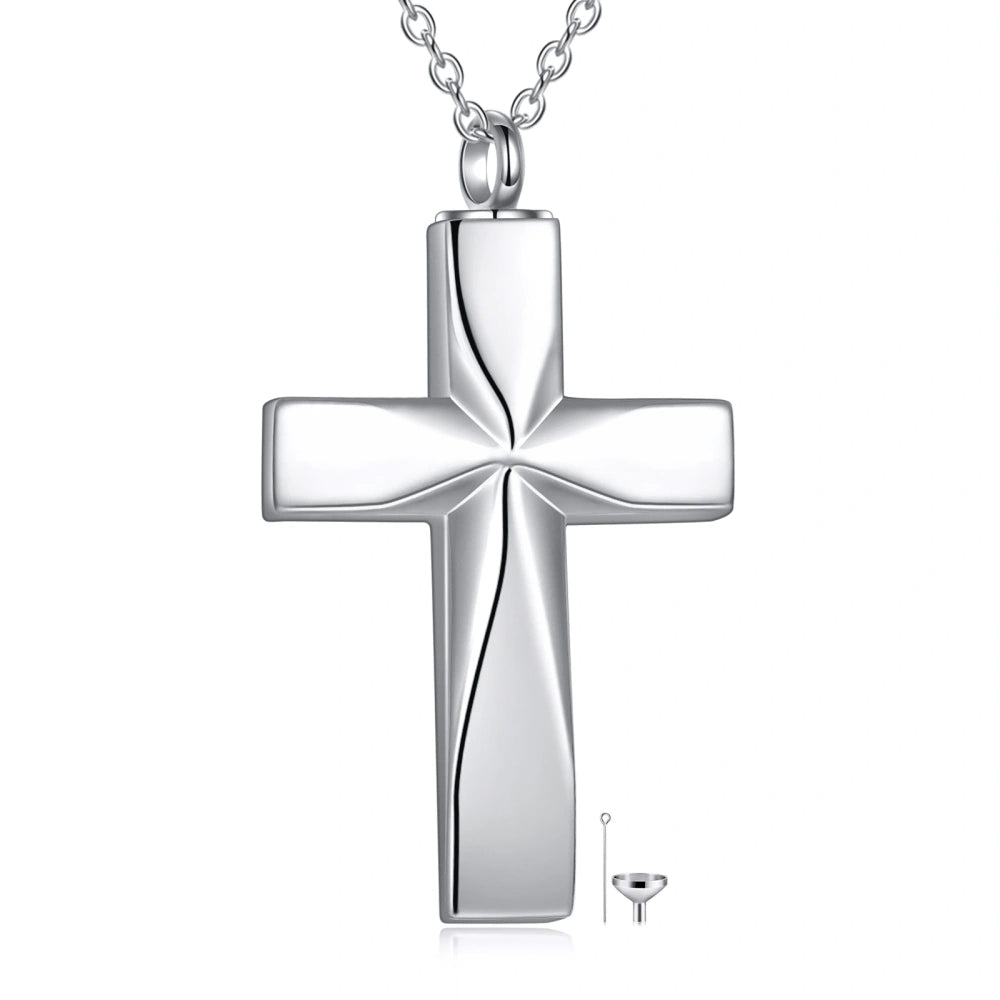 Front view of sterling silver cross cremation necklace with smooth high polish finish and classic faith design.