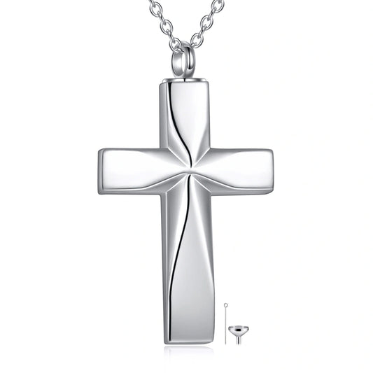 Front view of sterling silver cross cremation necklace with smooth high polish finish and classic faith design.