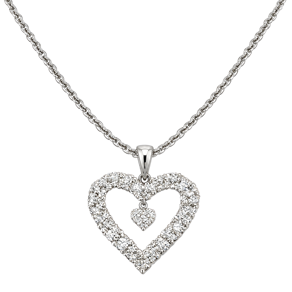 Sterling silver open heart cremation necklace with sparkling stones and a small dangling heart