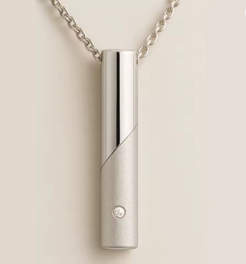 Silver Horizon Bar cremation pendant with diagonal polished and matte finish and small crystal accent, on a cable chain