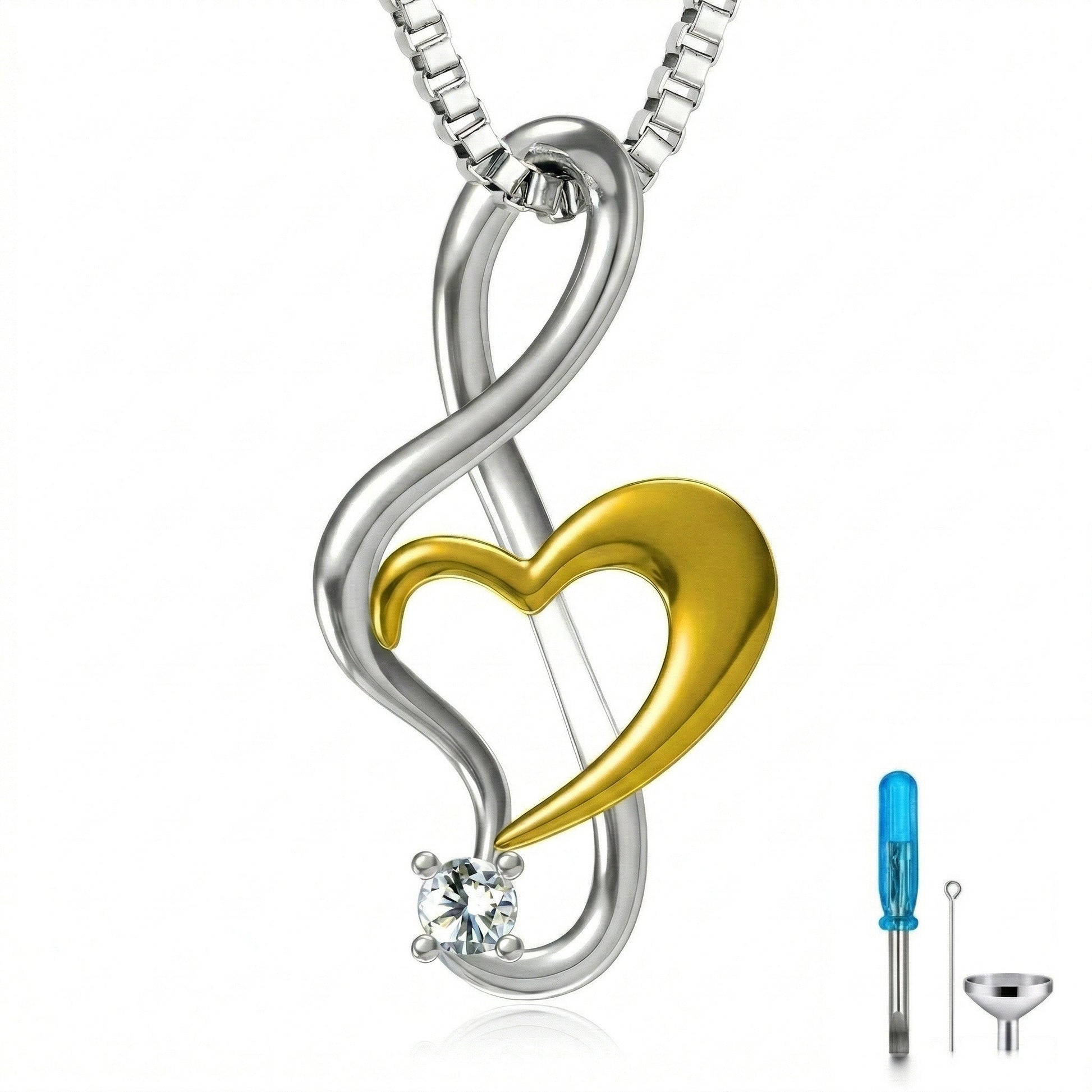 Infinite Harmony Necklace in sterling silver and gold featuring treble clef infinity design with heart and crystal pendant