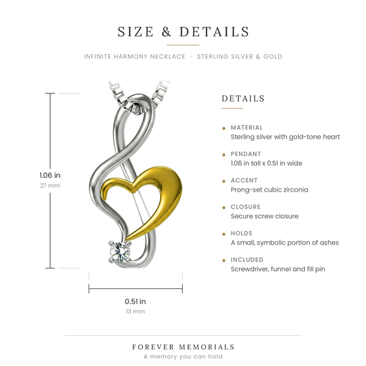 Size chart for the Infinite Harmony Necklace showing 1.06 in height and 0.51 in width