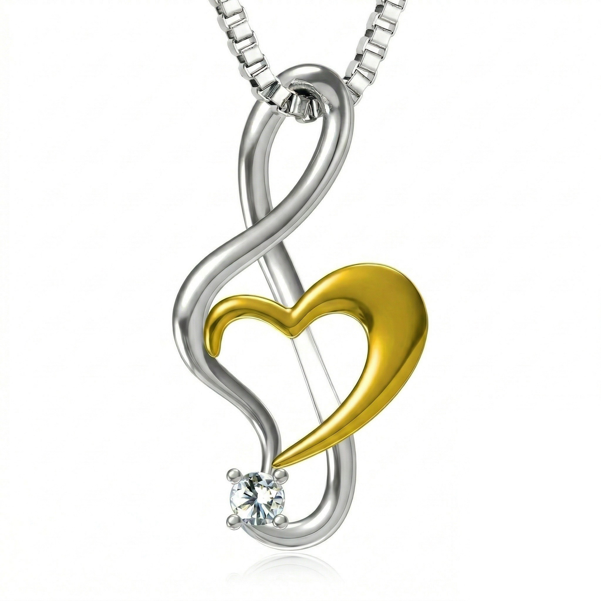 Sterling silver infinity treble clef pendant with a gold heart and crystal accent