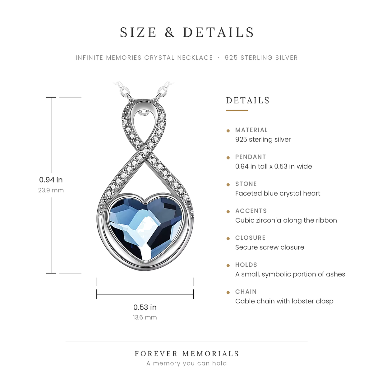 Size chart for the Infinite Memories Crystal Necklace showing 0.94 in height and 0.53 in width