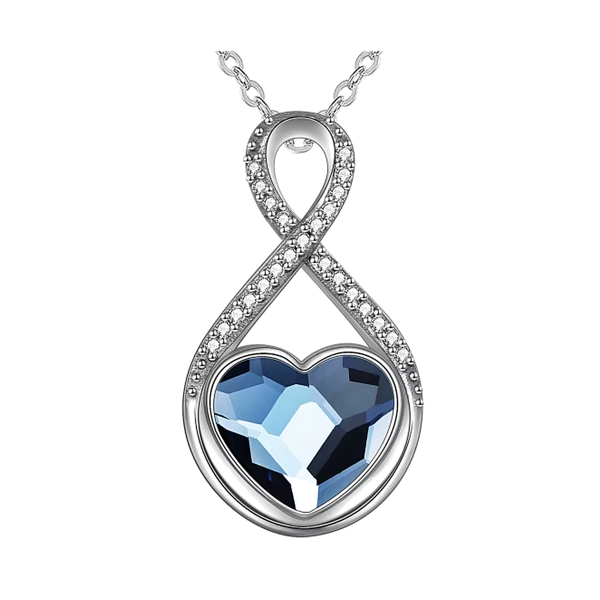Sterling silver infinity pendant with a faceted blue crystal heart and cubic zirconia accents