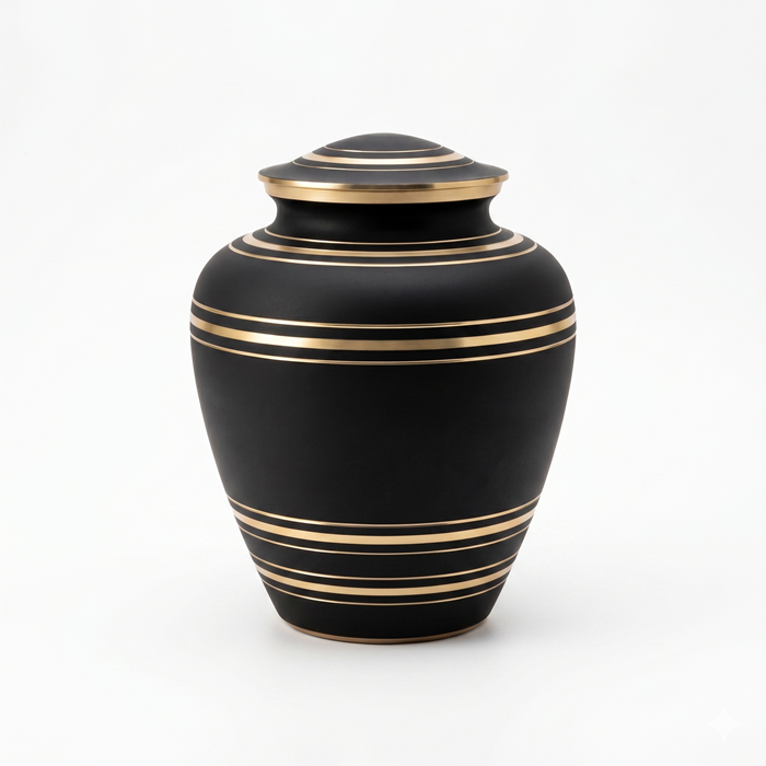 Obsidian Gold Band adult cremation urn in matte black with multiple gold bands — solid brass alloy memorial urn, 200 cubic inch capacity
