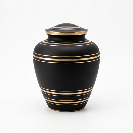 Obsidian Gold Band adult cremation urn in matte black with multiple gold bands — solid brass alloy memorial urn, 200 cubic inch capacity