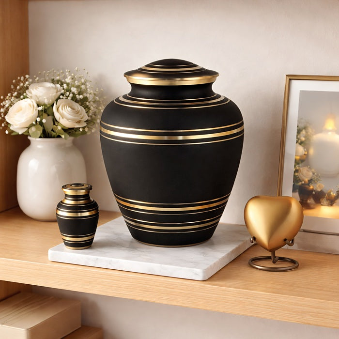 Obsidian Gold Band Collection displayed on a wooden shelf — matte black adult cremation urn with gold banding, mini keepsake urn, and gold heart keepsake with white roses in background