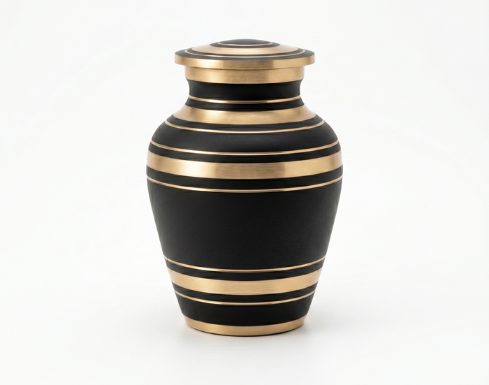 Obsidian Gold Band mini keepsake token urn in matte black with gold band detailing — small cremation remembrance urn in solid brass alloy