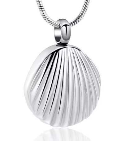 stainless steel seashell cremation necklace with polished silver finish