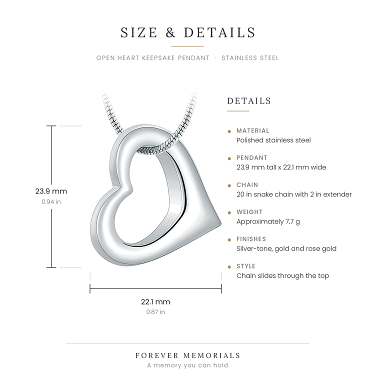 Size chart for the open heart keepsake pendant showing 23.9 mm height and 22.1 mm width