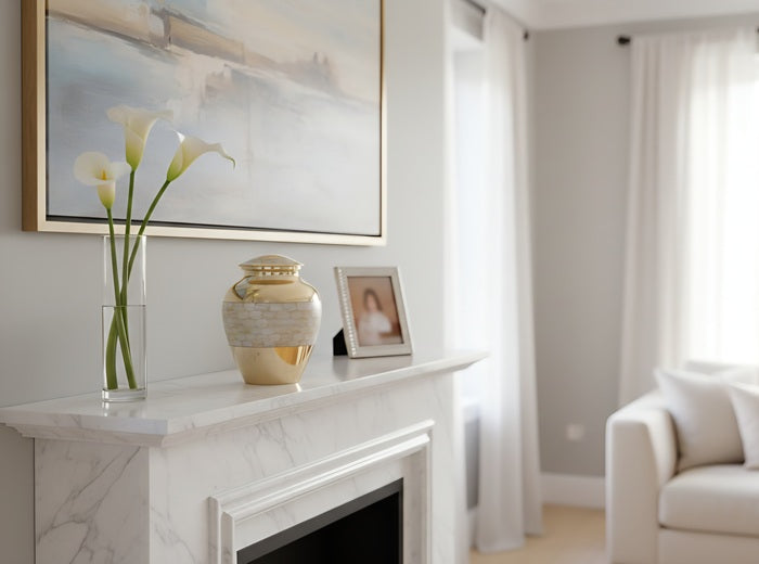 Pearl Mosaic Gold Urn with mother of pearl mosaic inlay displayed on a marble side table in a soft neutral bedroom next to a framed couple portrait — luxury adult cremation urn in polished gold finish
