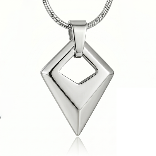 Sterling silver geometric diamond urn pendant with an open center on a snake chain