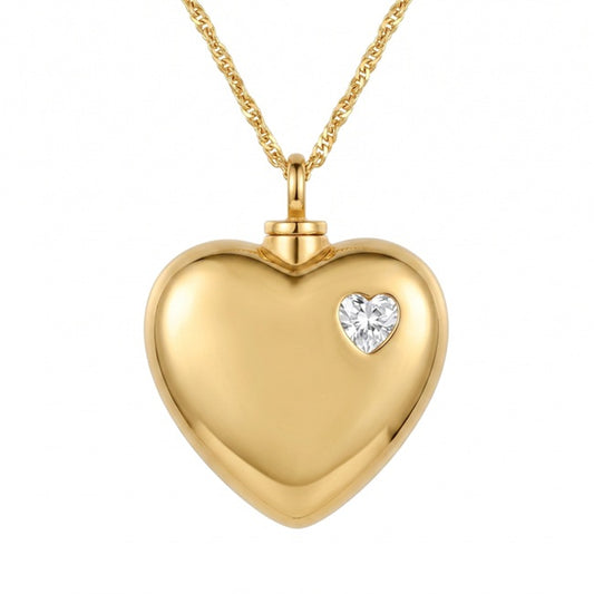 Radiant Heart cremation pendant in gold with a heart-cut crystal accent and screw-top bail on a gold chain