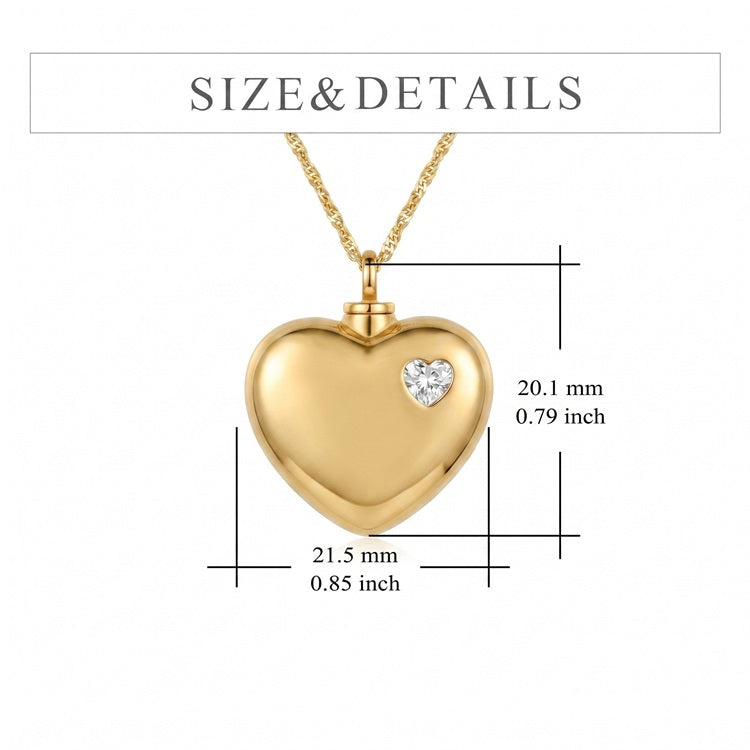Size chart for the Radiant Heart cremation pendant showing 21.5 mm width and 20.1 mm height