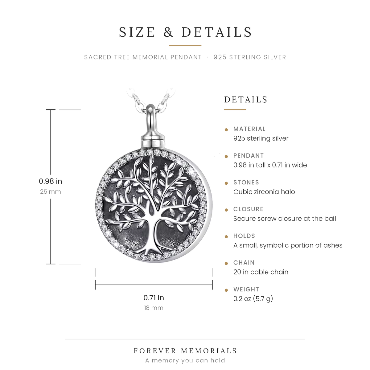 Size chart for the Sacred Tree Memorial Pendant showing 0.98 in height and 0.71 in width