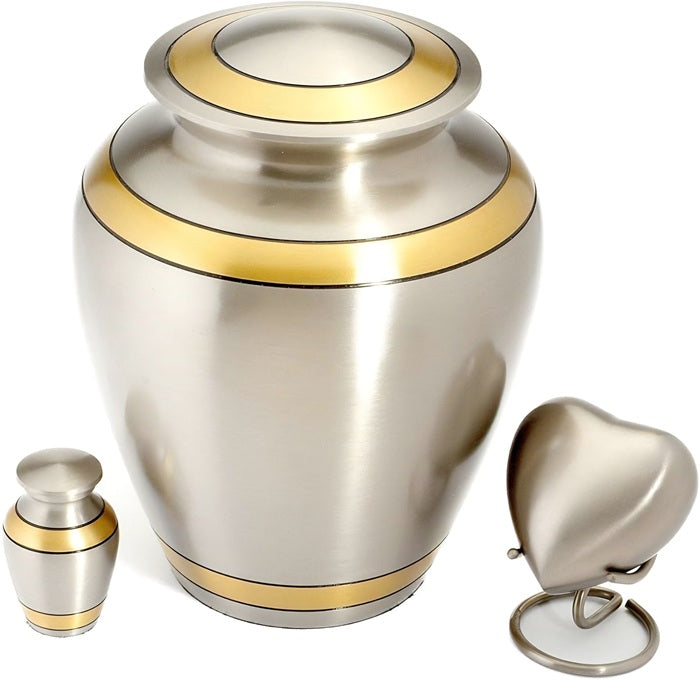 Serenity Gold Band Collection — adult cremation urn, mini keepsake urn, and heart locket keepsake in brushed pewter and gold finish
