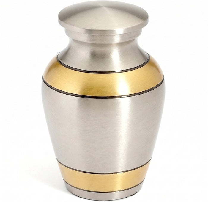 Serenity Gold Band mini keepsake token urn in brushed pewter with gold band detailing — small cremation remembrance urn