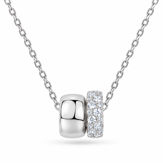 Eternity Ring Slider Cremation Necklace in 925 sterling silver double ring urn pendant with pavé crystals measuring 16mm x 12.7mm
