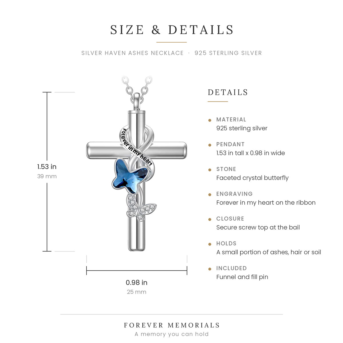 Size chart for the Silver Haven cross urn necklace showing 1.53 in height and 0.98 in width