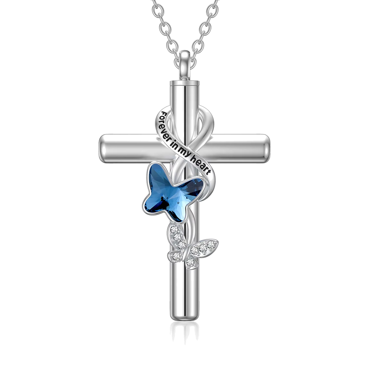 Sterling silver cross urn pendant with a blue crystal butterfly and Forever in my heart engraving